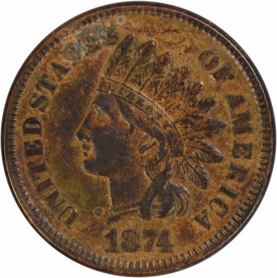 1874 Indian Head Small Cent AU Grade Philadelphia Uncertified: 1874 Indian Head Small Cent AU Grade Philadelphia Uncertified This 1874 Indian Head Cent from the United States was minted in Philadelphia and is composed of 95% copper and 5% tin and zinc. Designed b