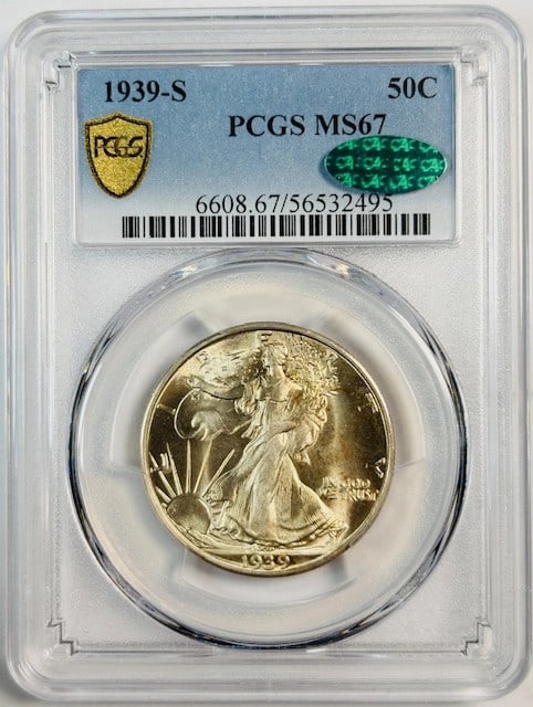 PCGS CAC MS67 1939 San Francisco Walking Liberty Silver Half Dollar: PCGS CAC MS67 1939 San Francisco Walking Liberty Silver Half Dollar This 1939 S Walking Liberty Half Dollar is graded MS 67 by PCGS and verified by CAC, showcasing great luster. Struck in silver at th