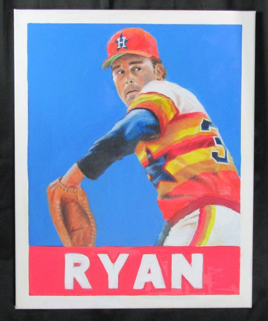 Nolan Ryan 24x30 Hand Painted Canvas Original Houston Astros Art: Nolan Ryan 24x30 Hand Painted Canvas Original Houston Astros Art This one-of-a-kind, hand-painted acrylic canvas features the legendary baseball player Nolan Ryan, measuring 24" x 30". It showcases Ry