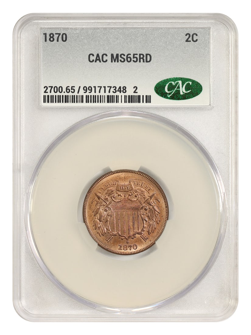 1870 2C Two Cent CACG MS65RD Full Red Philadelphia Issue (1 of 4)