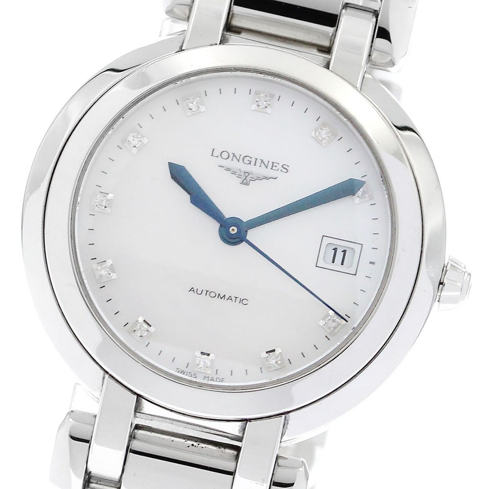 Longines PrimaLuna ladies automatic date watch diamond dial: Longines PrimaLuna ladies automatic date watch diamond dial This Longines PrimaLuna ladies wristwatch features a stainless steel case and bracelet with a white mother-of-pearl dial. The watch is equip