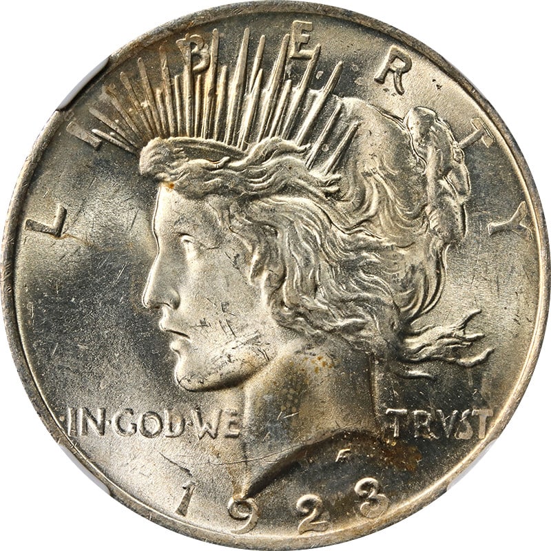 NGC MS63 1923 Peace Silver Dollar With Toned Finish: NGC MS63 1923 Peace Silver Dollar With Toned Finish This 1923-P Peace Dollar is certified by NGC with a grade of MS63, indicating an uncirculated condition. The coin is composed of .900 fine silver an