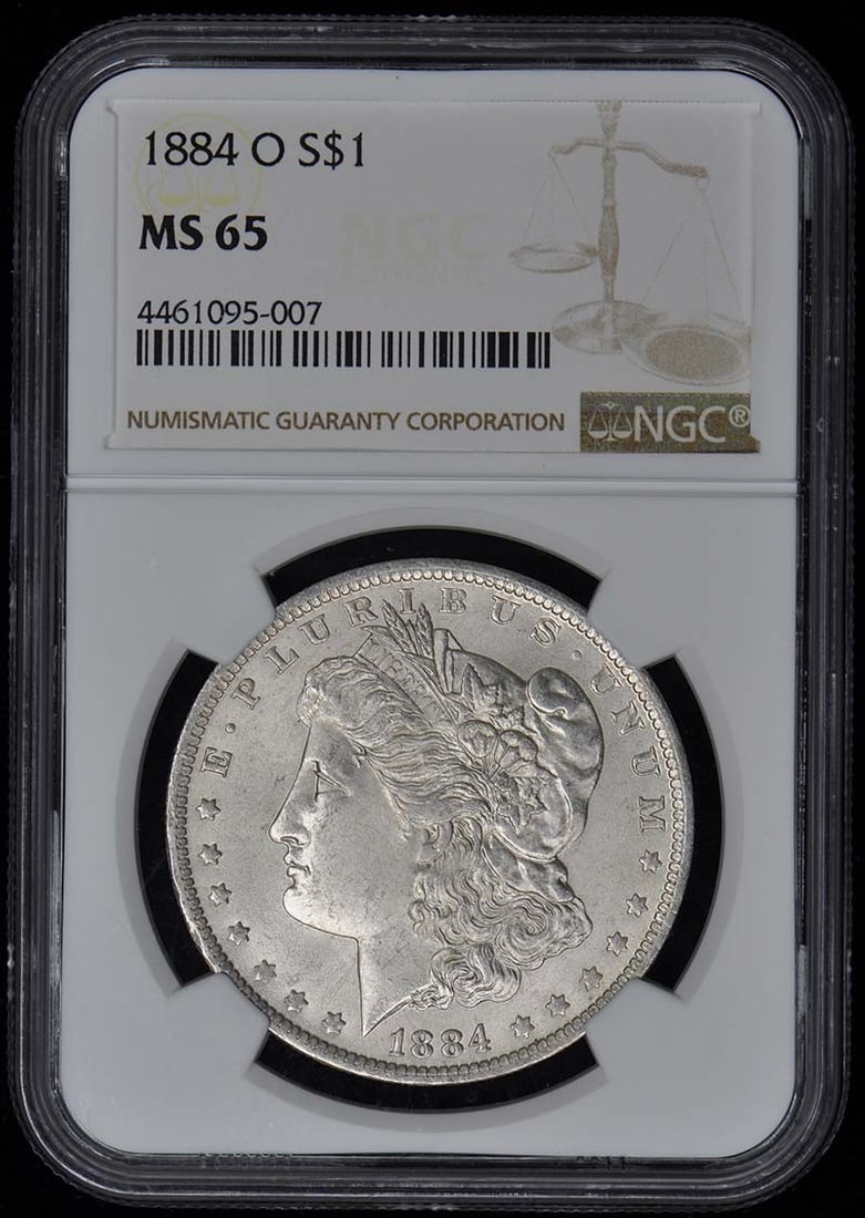 1884-O Morgan Dollar NGC MS65 Uncirculated New Orleans Coin: 1884-O Morgan Dollar NGC MS65 Uncirculated New Orleans Coin This 1884-O Morgan Dollar is a remarkable piece, graded MS65 by NGC, reflecting its uncirculated condition. Minted in New Orleans, this coin