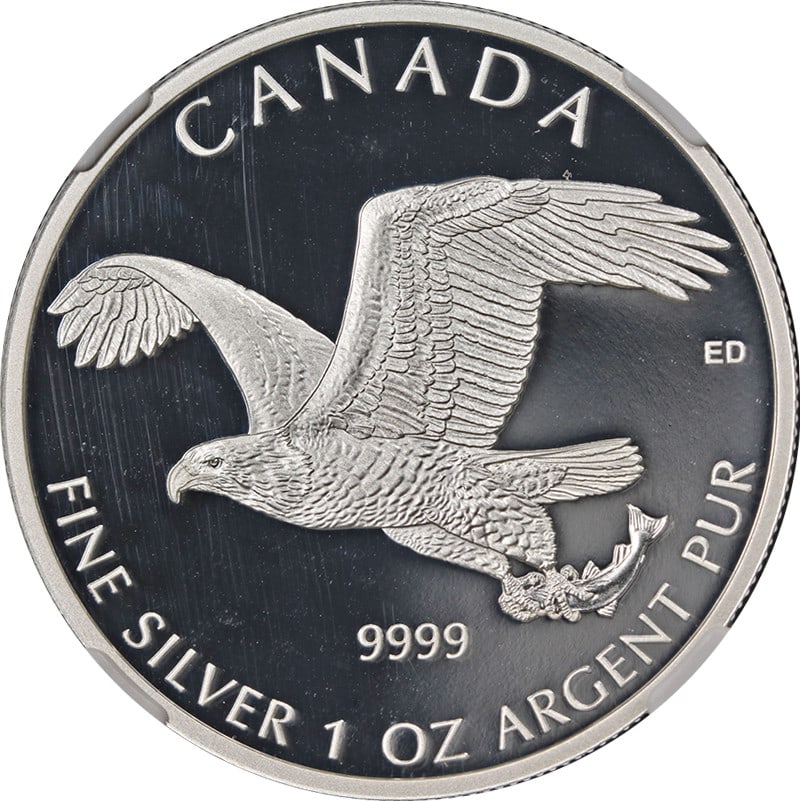 2014 Canada Silver Bald Eagle $5 NGC PF70 Ultra Cameo Early Releases: 2014 Canada Silver Bald Eagle $5 NGC PF70 Ultra Cameo Early Releases This 2014 Canada Silver $5 Bald Eagle coin is graded by NGC as PF70 Ultra Cameo Early Releases, indicating a perfect proof quality.