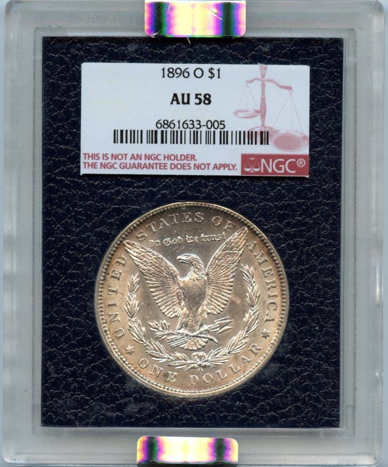 1896-O Morgan Dollar NGC AU58 Certified Coin: 1896-O Morgan Dollar NGC AU58 Certified Coin This 1896-O Morgan Dollar is a classic piece of American coinage, certified by NGC with a grade of AU58, indicating its excellent condition with slight sig
