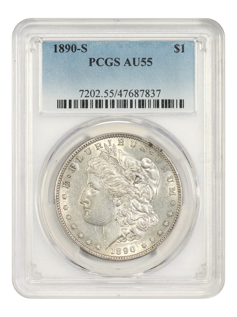 PCGS AU55 1890-S Morgan Dollar $1 San Francisco Mint: PCGS AU55 1890-S Morgan Dollar $1 San Francisco Mint 1890-S Morgan Dollar $1 certified by PCGS with an AU55 grade. This San Francisco Mint coin is circulated and offered in pre-owned condition. The or