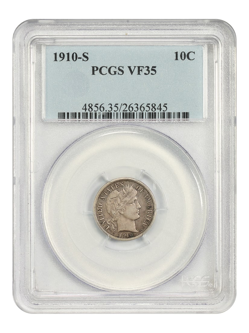 Barber Dime 1910 S 10C PCGS VF35: Barber Dime 1910 S 10C PCGS VF35 This is a 1910-S Barber Dime with a 10C denomination, struck at the San Francisco Mint and graded VF35 by PCGS. It is described as circulated and pre-owned, with certi