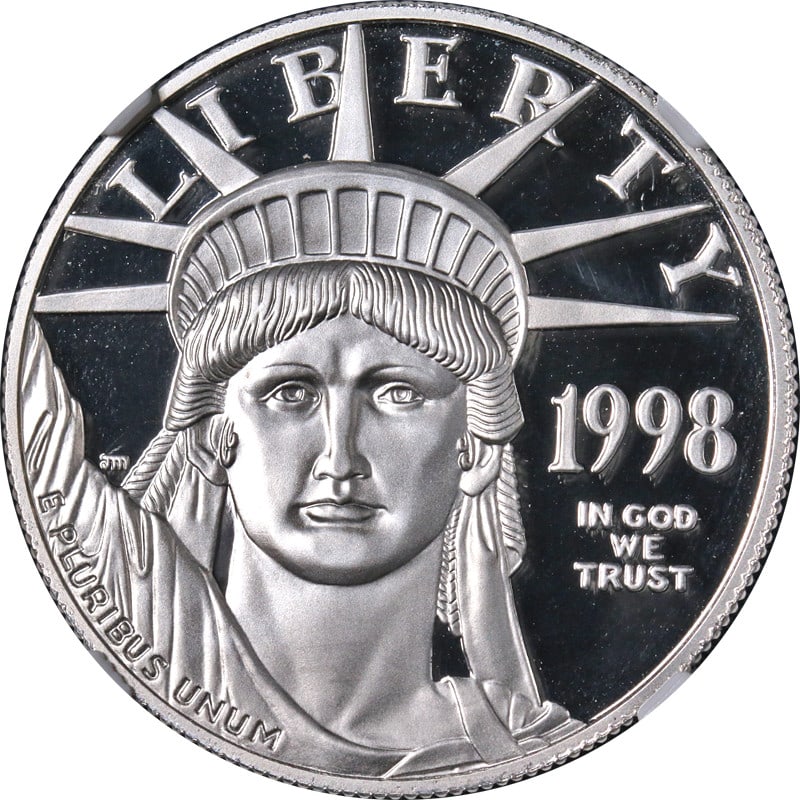 NGC PF70 Ultra Cameo 1998-W $100 Platinum Eagle Brown Label Coin: NGC PF70 Ultra Cameo 1998-W $100 Platinum Eagle Brown Label Coin This is an un-used 1998-W Platinum American Eagle $100 coin, certified by NGC as PF70 Ultra Cameo with a Brown Label. The coin is compo