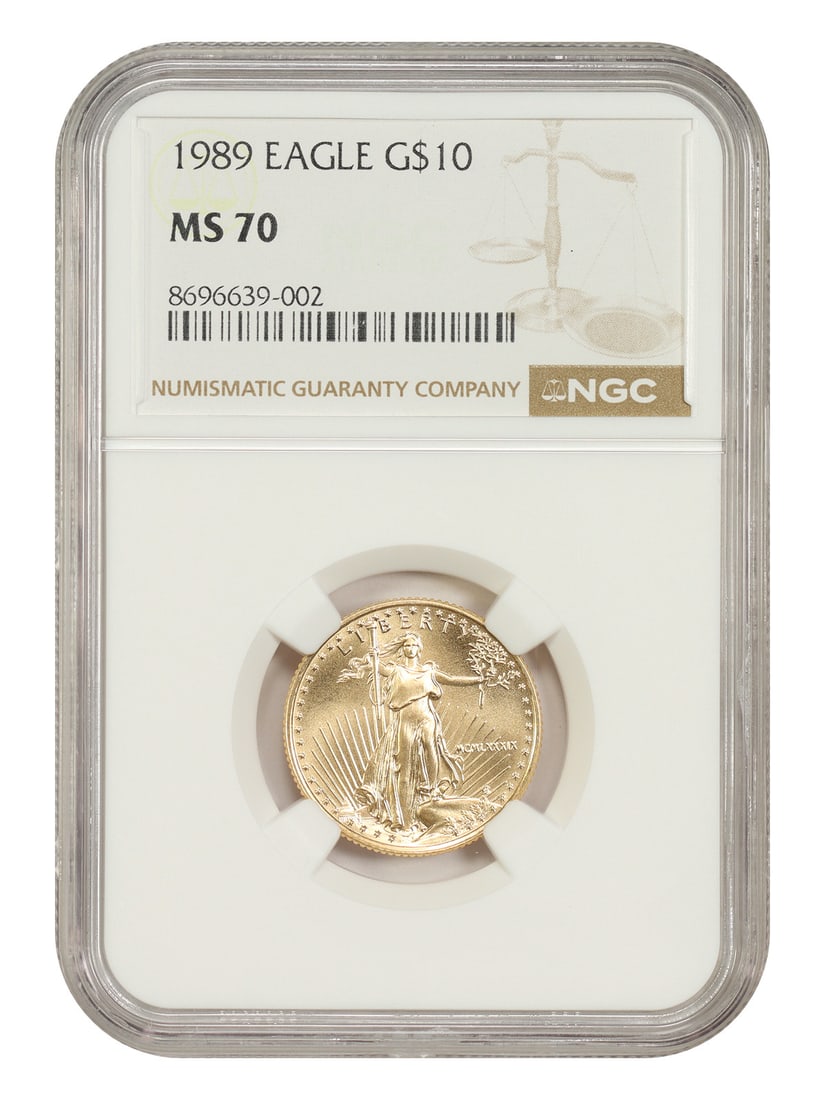 NGC MS70 1989 $10 Gold Eagle Bullion Coin: NGC MS70 1989 $10 Gold Eagle Bullion Coin 1989 $10 Gold Eagle graded MS70 by NGC. This uncirculated bullion coin is from the Gold Eagles series and was minted in Philadelphia. Pre-owned condition. Spe