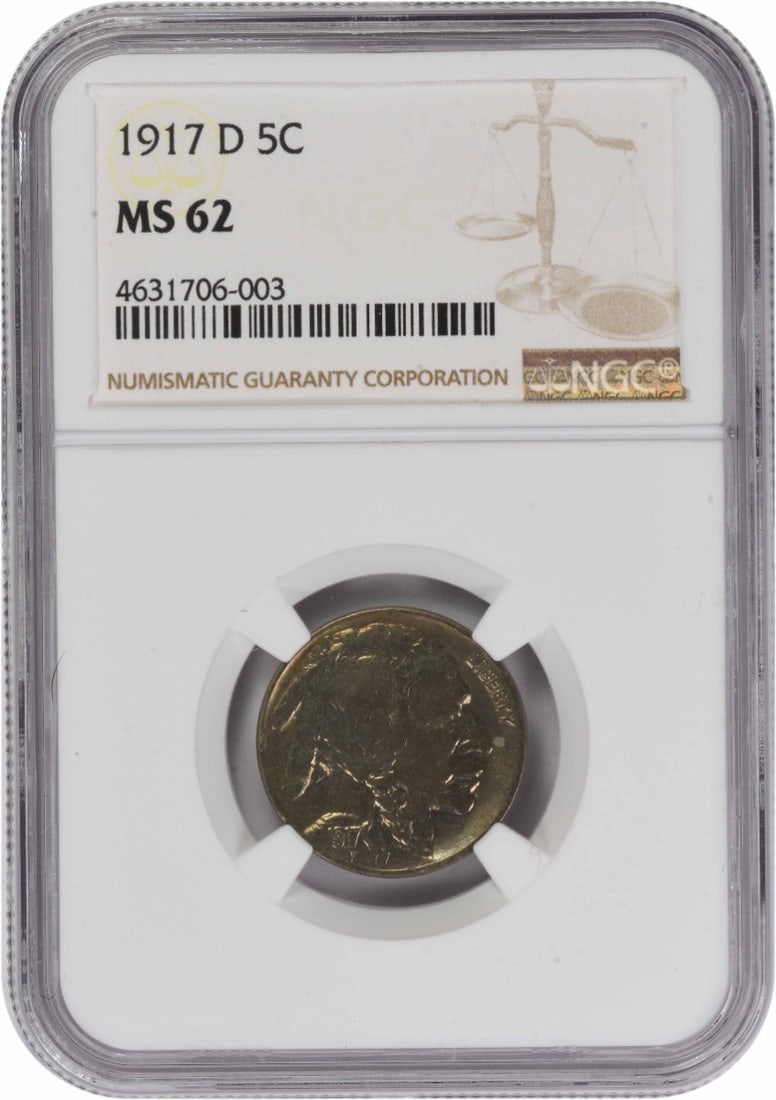 1917 Denver Buffalo Nickel Graded MS62 by NGC: 1917 Denver Buffalo Nickel Graded MS62 by NGC This 1917-D Buffalo Nickel is graded MS62 by NGC. Minted in Denver, this pre-owned coin features the iconic Buffalo design by James Earle Fraser. Made of 