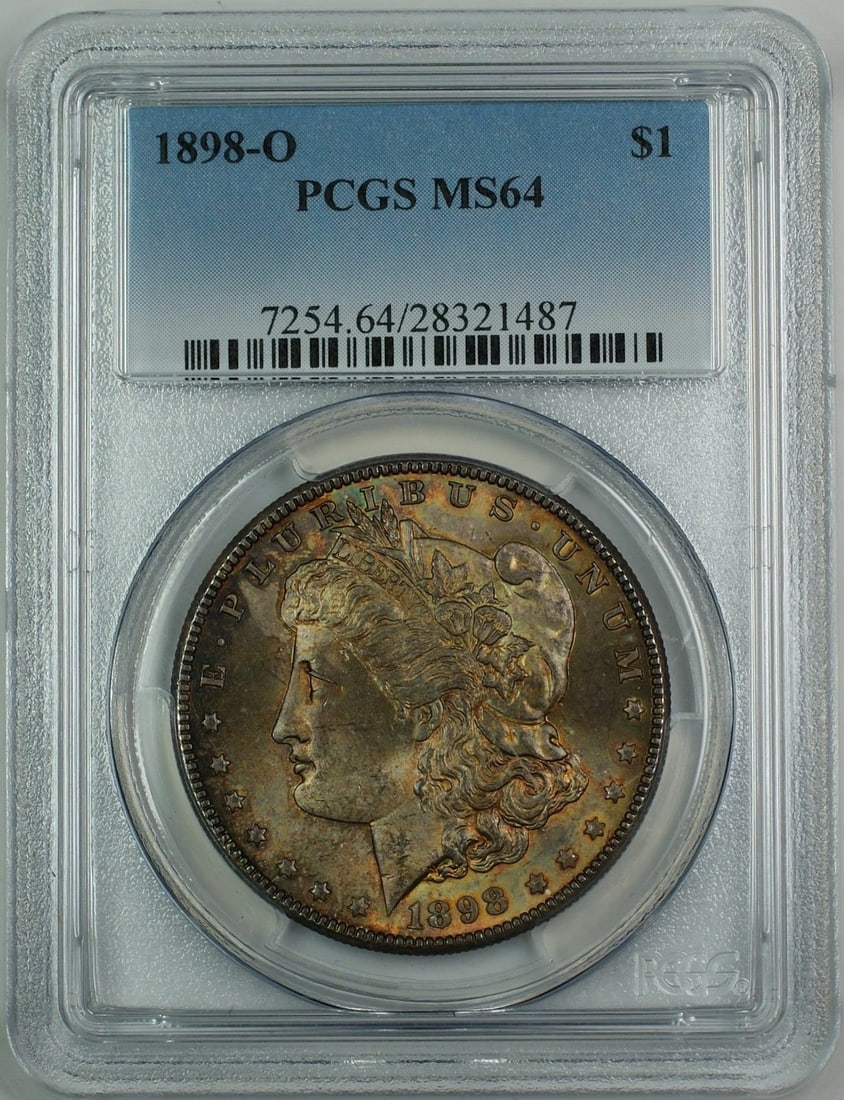 PCGS MS-64 1898-O Morgan Dollar Silver Coin Toned New Orleans Mint: PCGS MS-64 1898-O Morgan Dollar Silver Coin Toned New Orleans Mint This is a 1898-O Morgan Silver Dollar $1 coin, graded MS-64 by PCGS. The coin is uncirculated and features attractive toning on both 