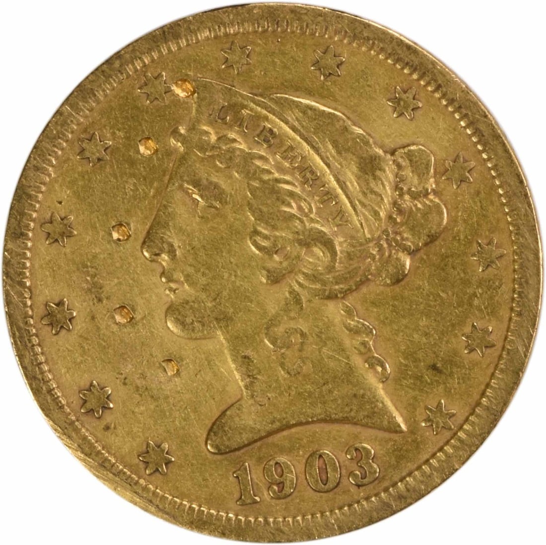 1903-S $5 Gold Liberty Head Coin by Christian Gobrecht: 1903-S $5 Gold Liberty Head Coin by Christian Gobrecht This 1903-S $5 Gold Liberty Head coin, designed by Christian Gobrecht, features a classic design with a rich history. The coin is made of 90% gol