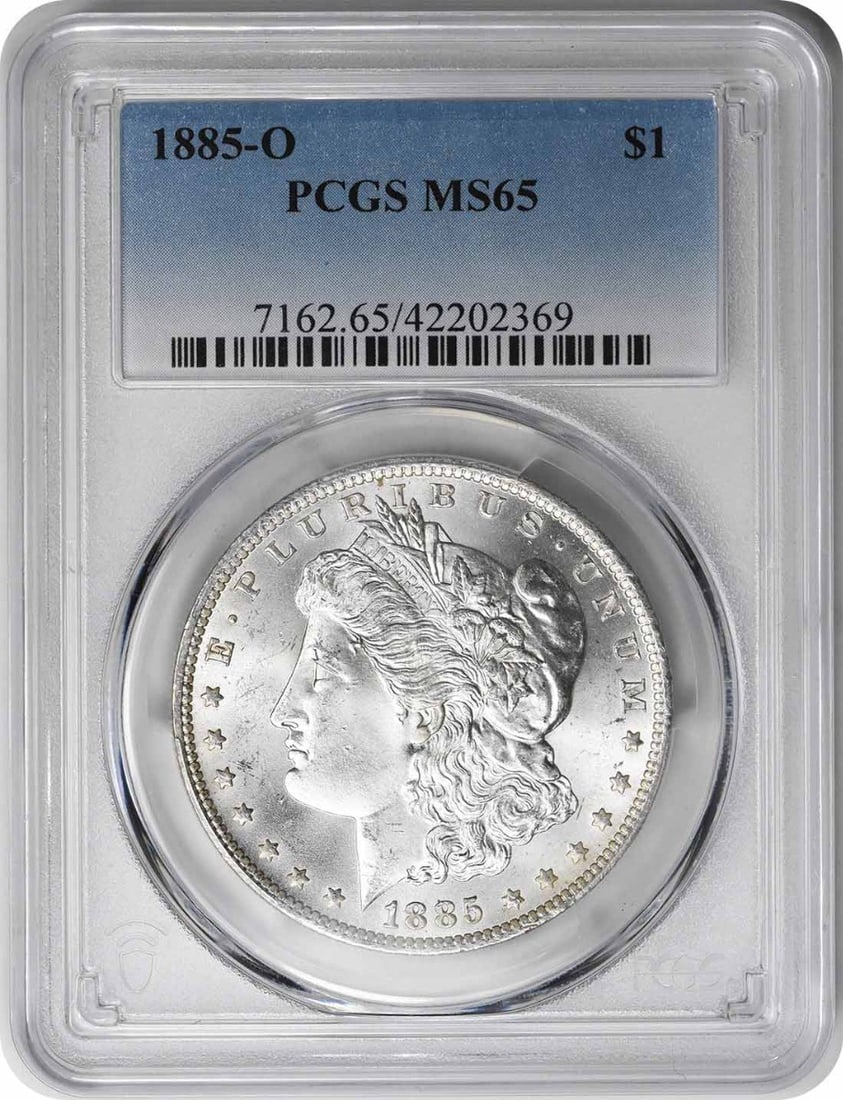 1885-O Morgan Silver Dollar MS65 Uncirculated PCGS Certified: 1885-O Morgan Silver Dollar MS65 Uncirculated PCGS Certified This exquisite 1885-O Morgan Silver Dollar is a remarkable piece of numismatic history, graded MS65 by PCGS. Struck in New Orleans, this co