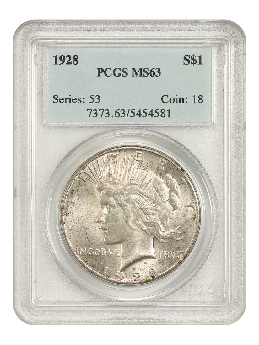 PCGS MS63 1928 Peace Dollar $1 Philadelphia Key Date: PCGS MS63 1928 Peace Dollar $1 Philadelphia Key Date 1928 Peace Dollar $1, certified by PCGS and graded MS63. Struck at the Philadelphia Mint, this uncirculated coin is a key date in the series and is