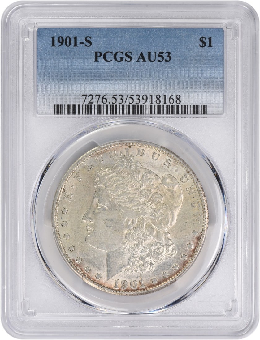 PCGS AU53 Graded 1901 San Francisco Morgan Dollar Silver Coin: PCGS AU53 Graded 1901 San Francisco Morgan Dollar Silver Coin This 1901-S Morgan Silver Dollar is graded AU53 by PCGS. Struck at the San Francisco Mint, it features a composition of 90% silver and 10%