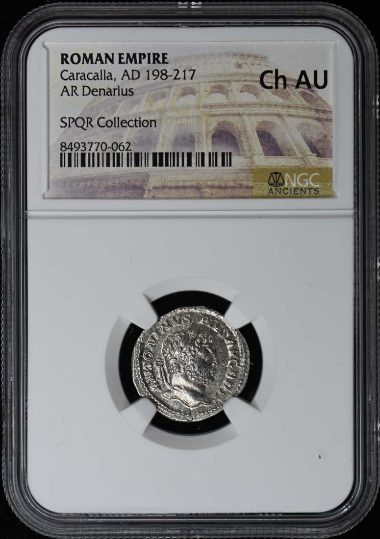 NGC AU55 Denarius Silver Coin Roman Empire Caracalla AD 198-217: NGC AU55 Denarius Silver Coin Roman Empire Caracalla AD 198-217 This Roman Empire AR Denarius dates from the reign of Caracalla, AD 198-217. It has been professionally certified and graded Ch AU (Abou