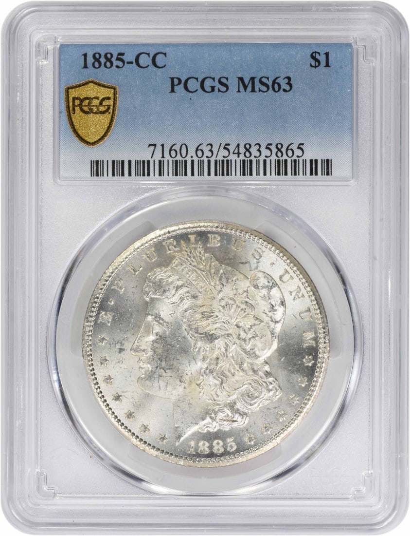 Morgan Dollar 1885 Carson City MS63 PCGS Certified Silver Coin: Morgan Dollar 1885 Carson City MS63 PCGS Certified Silver Coin This 1885-CC Morgan Silver Dollar is graded MS63 by PCGS, indicating it is in uncirculated condition. Minted in Carson City, this coin is