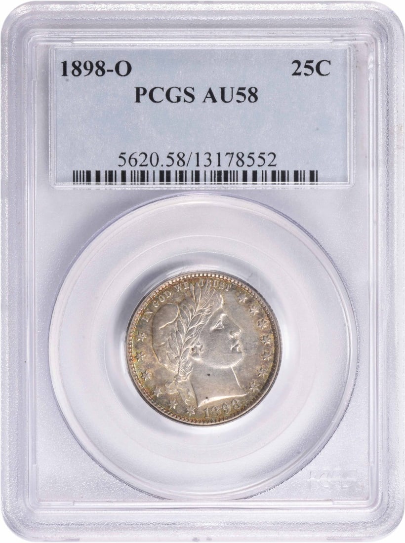 1898-O Barber Quarter AU58 PCGS 90% Silver New Orleans Mint: 1898-O Barber Quarter AU58 PCGS 90% Silver New Orleans Mint This 1898-O Barber Silver Quarter, graded AU58 by PCGS, showcases the artistry of designer Charles E. Barber. With a composition of 90% silv