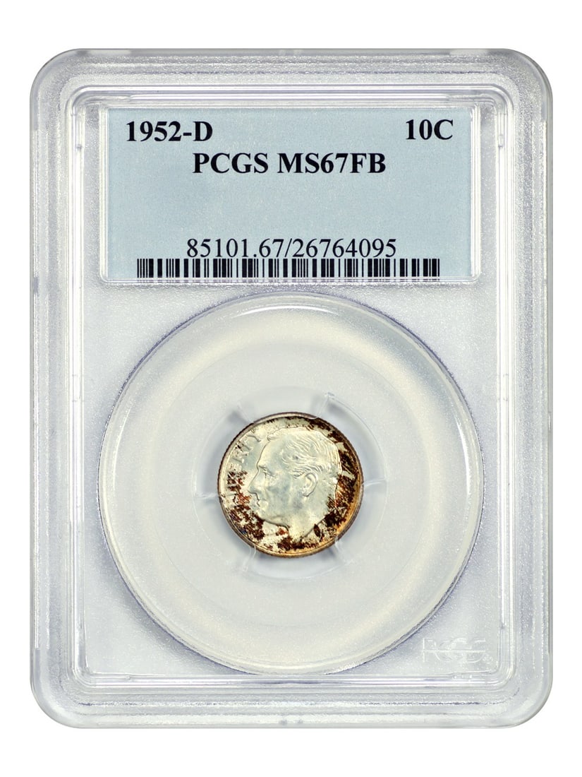 PCGS MS67FB 1952-D Roosevelt Dime 10C: PCGS MS67FB 1952-D Roosevelt Dime 10C This 1952-D Roosevelt Dime is certified by PCGS and graded MS67FB. It is an uncirculated Denver-mint 10C coin from the Roosevelt Dime series, offered in pre-owned