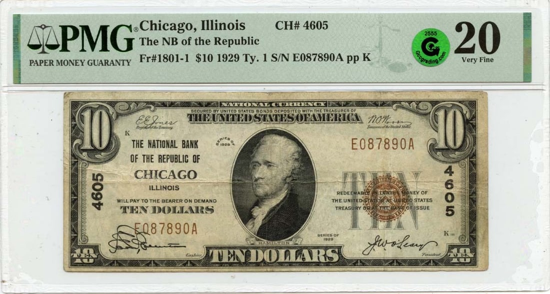 PMG VF20 1929 $10 National Bank Note Republic of Illinois CH#4605: PMG VF20 1929 $10 National Bank Note Republic of Illinois CH#4605 This 1929 Type 1 $10 National Bank Note from the National Bank of Republic, Illinois (Charter #4605), is graded VF20 by PMG and is in 