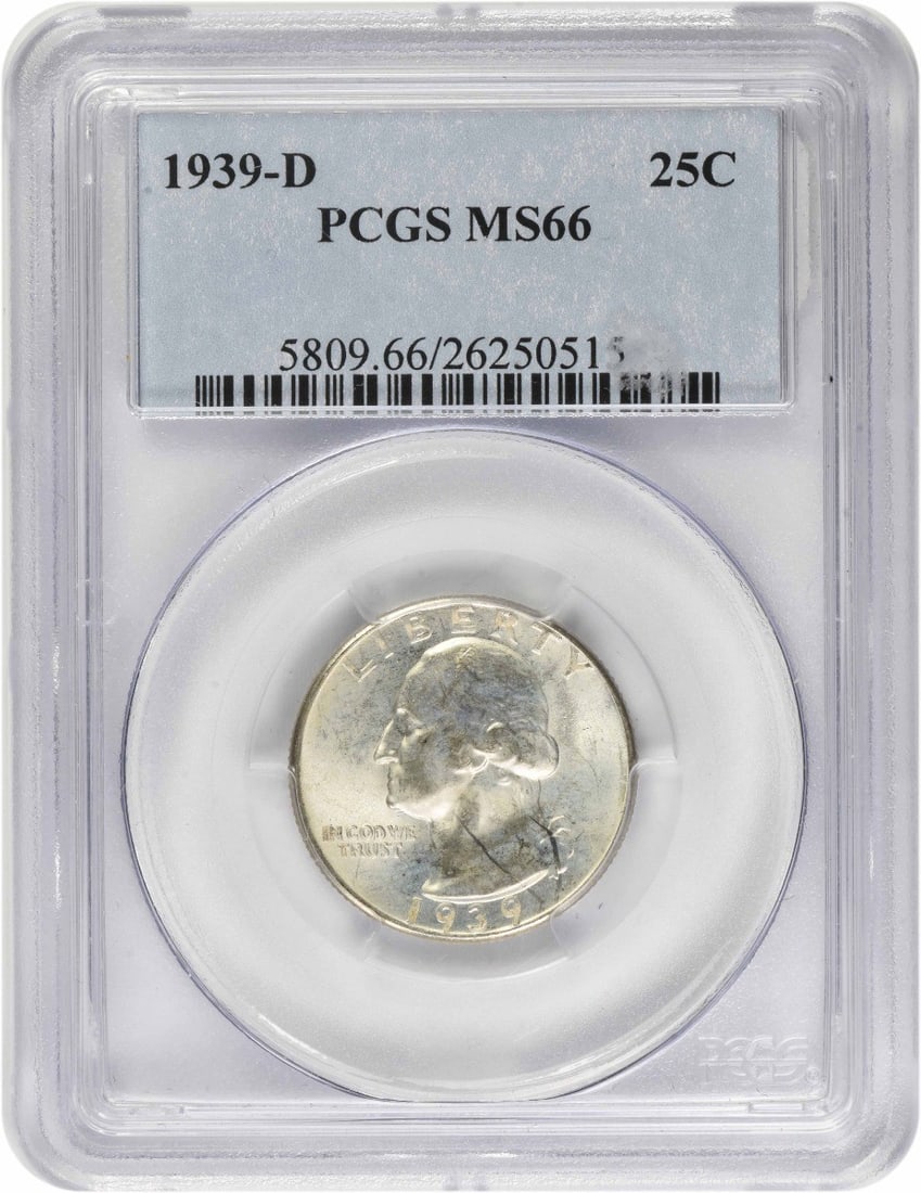 1939-D Washington Quarter MS66 PCGS 90% Silver Uncirculated: 1939-D Washington Quarter MS66 PCGS 90% Silver Uncirculated This exquisite 1939-D Washington Silver Quarter is a remarkable piece for collectors, graded MS66 by PCGS, indicating its uncirculated condi