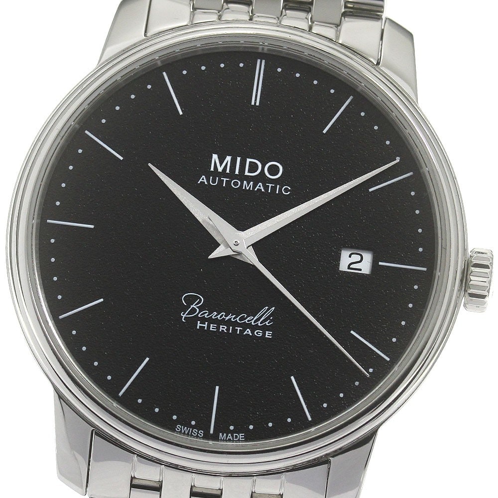 MIDO Baroncelli Date Automatic Stainless Steel Men's Wristwatch: MIDO Baroncelli Date Automatic Stainless Steel Men's Wristwatch This MIDO Baroncelli Date men's wristwatch features a stainless steel case and bracelet with a black dial. The watch is powered by an au