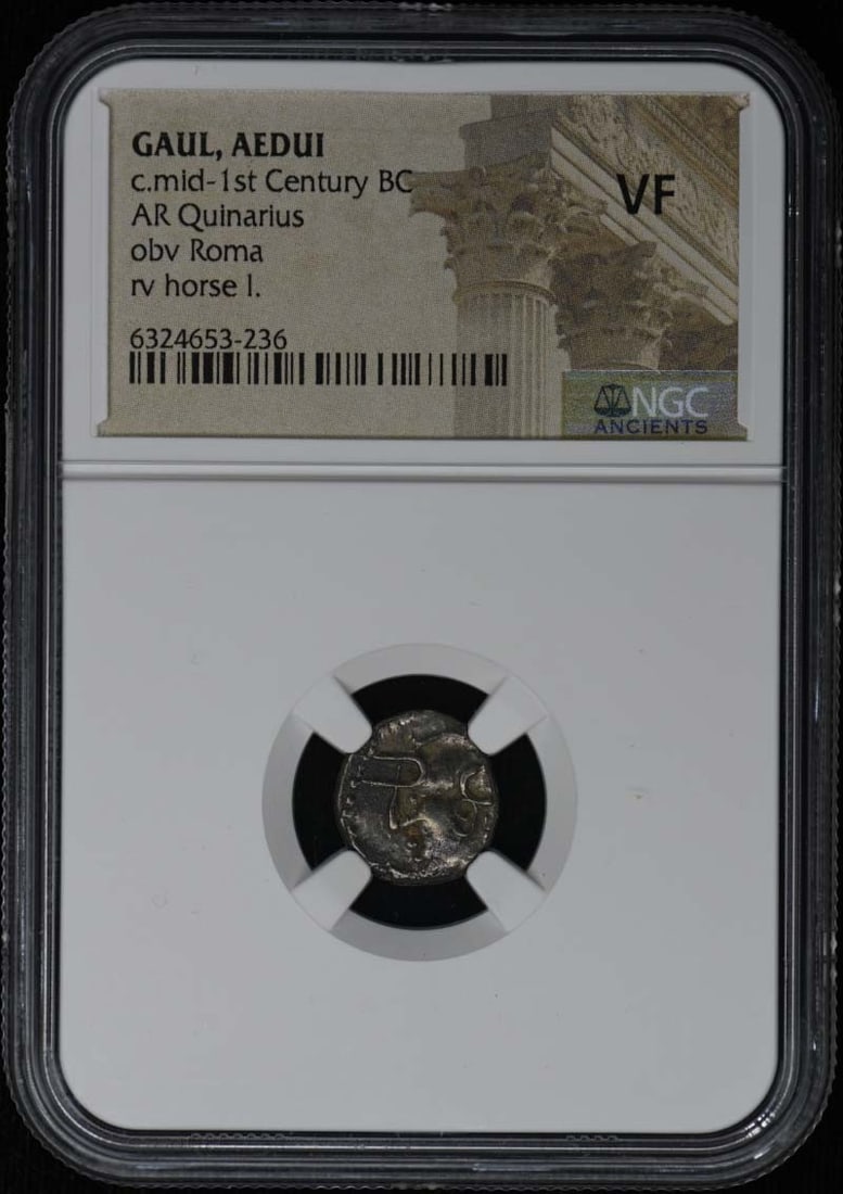 Aedui Quinarius Silver Coin Mid 1st Century BC NGC Certified VF: Aedui Quinarius Silver Coin Mid 1st Century BC NGC Certified VF This is an ancient Gaul, Aedui AR Quinarius silver coin dating to the mid-1st century BC. The coin has been certified by NGC and graded 