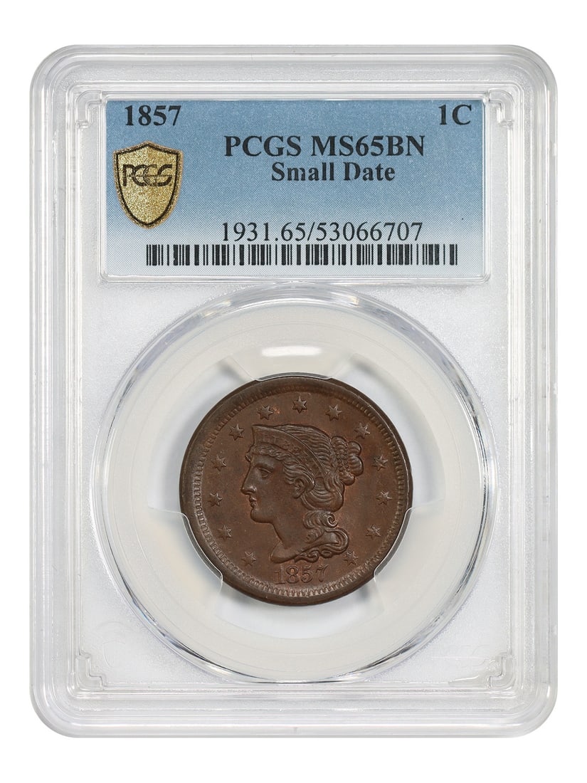 Braided Hair Cent 1857 1C Small Date PCGS MS65BN: Braided Hair Cent 1857 1C Small Date PCGS MS65BN 1857 Braided Hair Cent, denomination 1C, graded PCGS MS65BN. This Philadelphia-minted coin is described as an impressively preserved key date gem with 