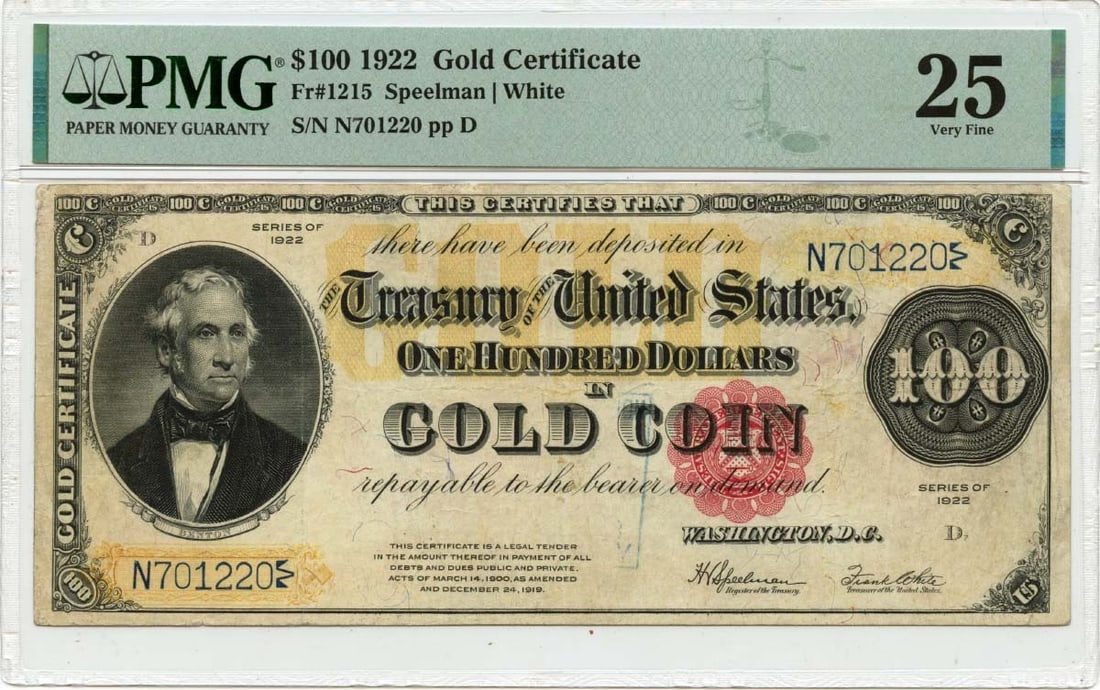 1922 $100 Gold Certificate Fr# 1215 PMG VF25 Red Scalloped Design (1 of 2)