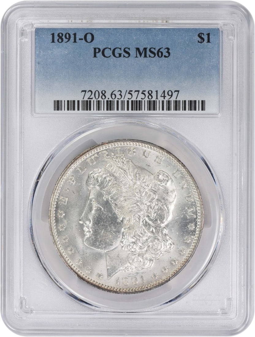 PCGS MS63 1891-O Morgan Dollar 90 Percent Silver Uncirculated Coin: PCGS MS63 1891-O Morgan Dollar 90 Percent Silver Uncirculated Coin This 1891-O Morgan Silver Dollar is a collector's coin certified by PCGS with a grade of MS63. Minted in New Orleans, it is composed 