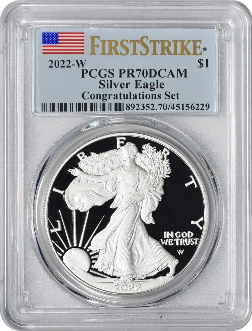 PCGS PR70DCAM 2022-W Silver Eagle Congratulations Set First Strike: PCGS PR70DCAM 2022-W Silver Eagle Congratulations Set First Strike This is a 2022-W American Silver Eagle coin from the Congratulations Set, produced by the U.S. Mint at West Point. The coin is struck