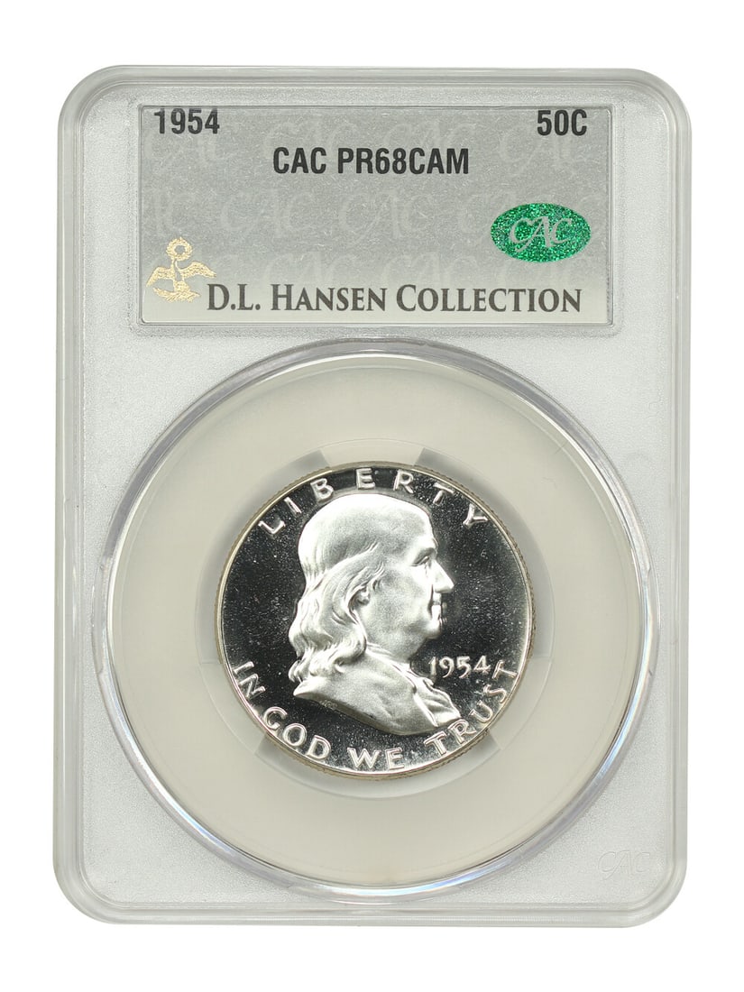 1954 Franklin Half Dollar PR68CAM CACG Certified D.L. Hansen: 1954 Franklin Half Dollar PR68CAM CACG Certified D.L. Hansen This stunning 1954 Franklin Half Dollar is certified by CACG with a grade of PR68CAM, indicating it is an uncirculated proof coin of except