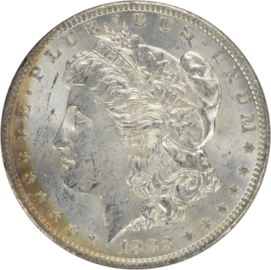 1883 O Mint Morgan $1 Silver Coin BU Uncertified: 1883 O Mint Morgan $1 Silver Coin BU Uncertified 1883-O Morgan Silver Dollar in BU condition. This uncirculated coin is composed of silver and has a $1 denomination. It is a pre-owned United States co