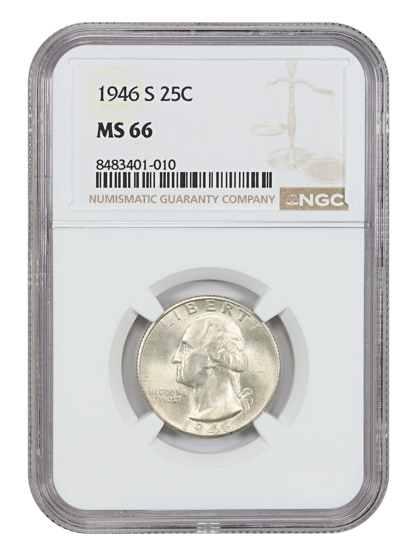 NGC MS66 1946-S Washington Quarter 25C: NGC MS66 1946-S Washington Quarter 25C 1946-S Washington Quarter certified by NGC and graded MS66. This uncirculated 25C coin was minted in San Francisco and is part of the Washington Quarter series. 