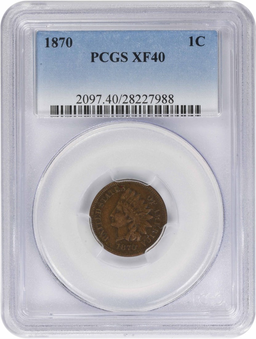 EF40 PCGS Graded 1870 Indian Head Copper Small Cent Coin: EF40 PCGS Graded 1870 Indian Head Copper Small Cent Coin This 1870 Indian Head Cent is graded EF40 by PCGS and is composed of copper. It is a circulated, pre-owned coin with no mint mark, originating 