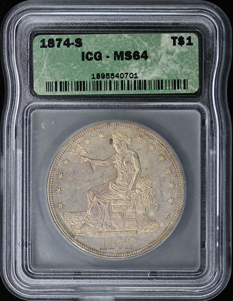 1874 San Francisco Trade Dollar ICG MS64: 1874 San Francisco Trade Dollar ICG MS64 This 1874 Trade Dollar from the United States was minted in San Francisco and is graded MS64 by ICG. The coin is uncirculated and comes with ICG certification 