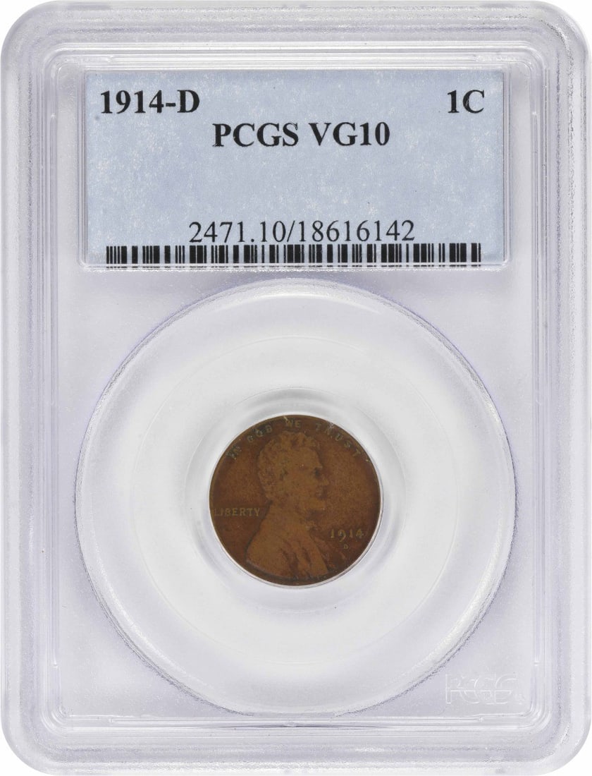 PCGS VG10 1914-D Lincoln Wheat Small Cent: PCGS VG10 1914-D Lincoln Wheat Small Cent A 1914-D Lincoln Cent graded VG10 by PCGS. This circulated pre-owned coin is a Copper Small Cent from the Lincoln Wheat series, with United States as the coun