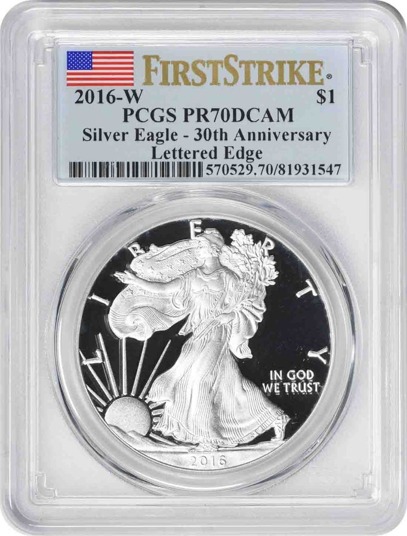 PCGS PR70 First Strike 2016-W Proof American Silver Eagle Dollar: PCGS PR70 First Strike 2016-W Proof American Silver Eagle Dollar This 2016-W $1 American Silver Eagle is a proof coin graded PR70DCAM by PCGS, indicating a perfect, deep cameo finish. Minted at West P