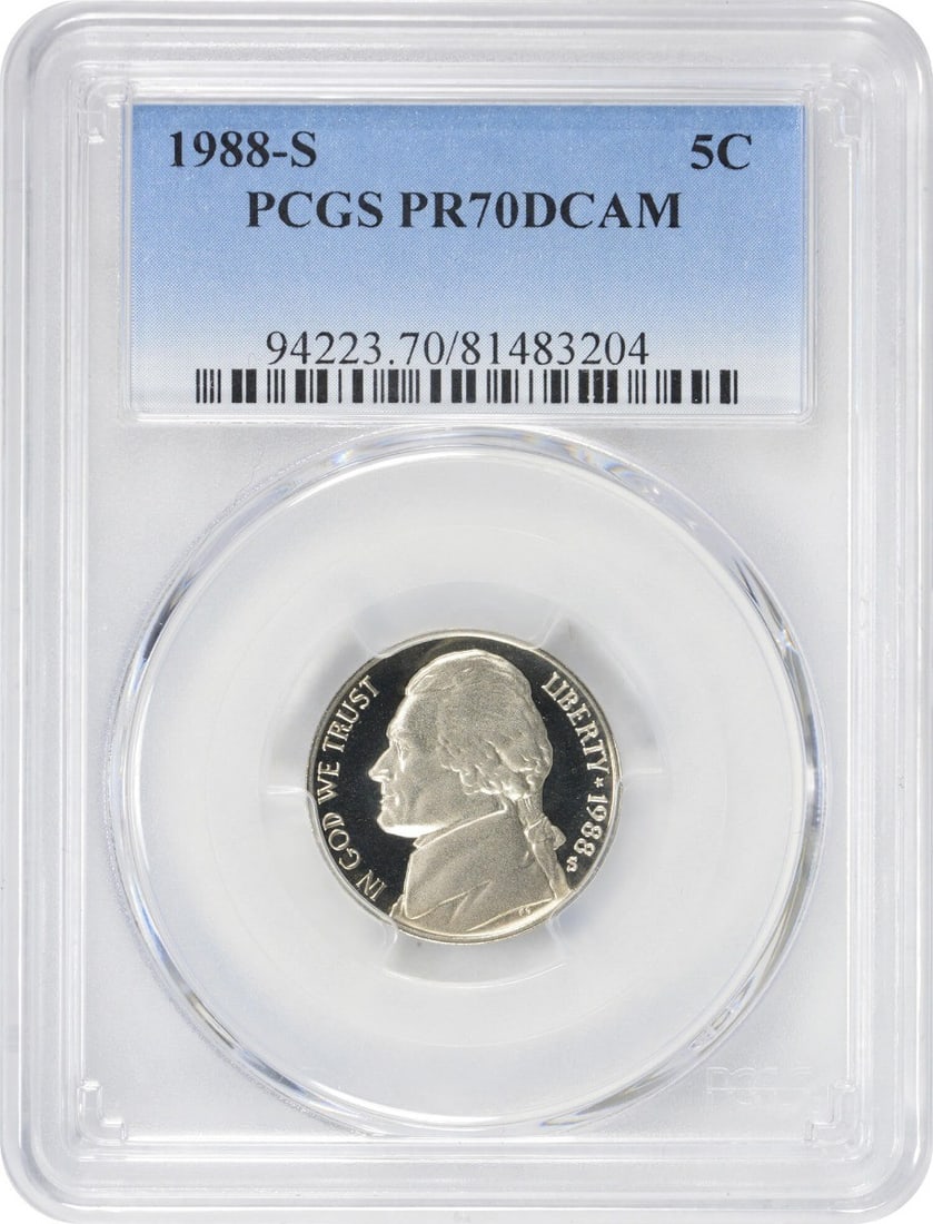 1988-S Jefferson Nickel PR70DCAM PCGS Uncirculated Proof Coin: 1988-S Jefferson Nickel PR70DCAM PCGS Uncirculated Proof Coin This 1988-S Jefferson Nickel is a stunning example of numismatic artistry, graded PR70DCAM by PCGS, indicating its perfect proof quality. 