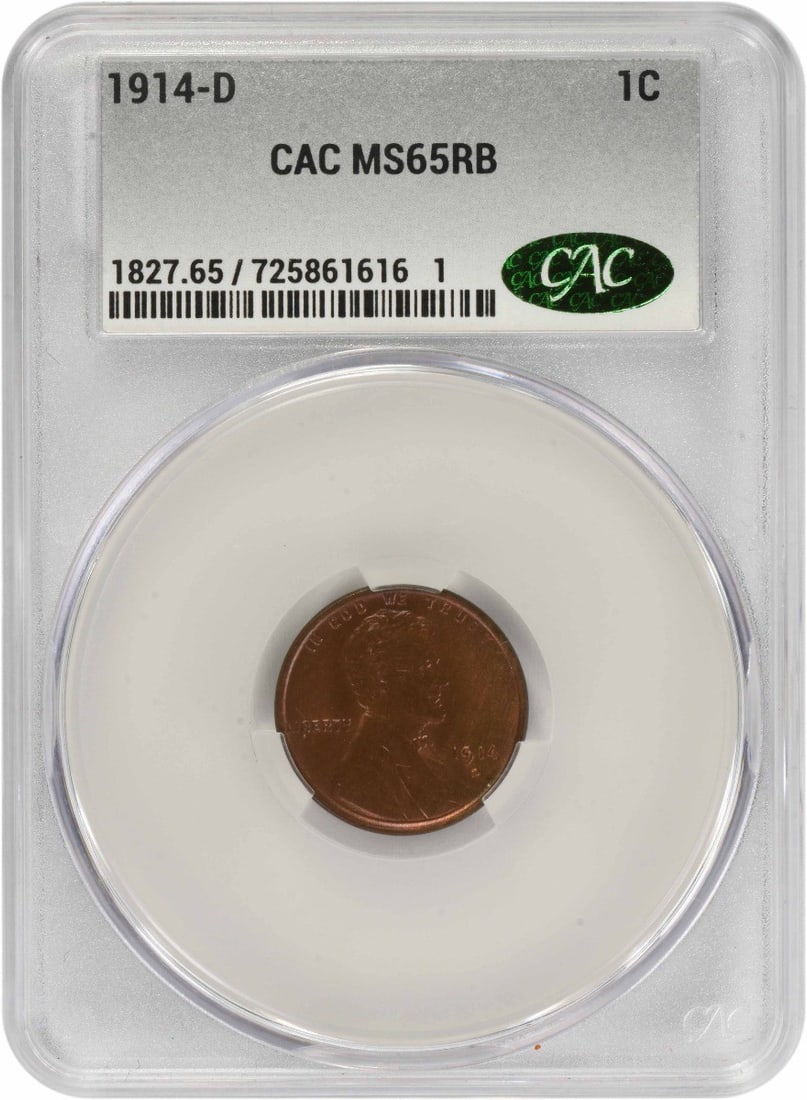 CACG Certified 1914 Denver Lincoln Wheat Cent MS65 Red Brown: CACG Certified 1914 Denver Lincoln Wheat Cent MS65 Red Brown This 1914-D Lincoln Wheat Cent is an uncirculated coin graded MS65RB by CACG. Featuring a copper composition, this small cent was minted in
