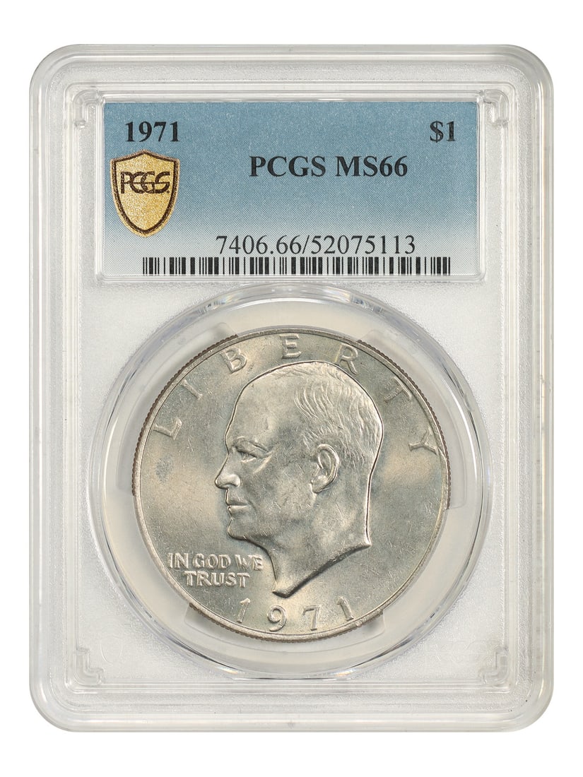 PCGS MS66 1971 Eisenhower Dollar $1 Uncirculated: PCGS MS66 1971 Eisenhower Dollar $1 Uncirculated 1971 $1 Ike Dollar from the Philadelphia Mint, certified by PCGS as MS66. The coin is uncirculated and pre-owned, with certification number 52075113. S