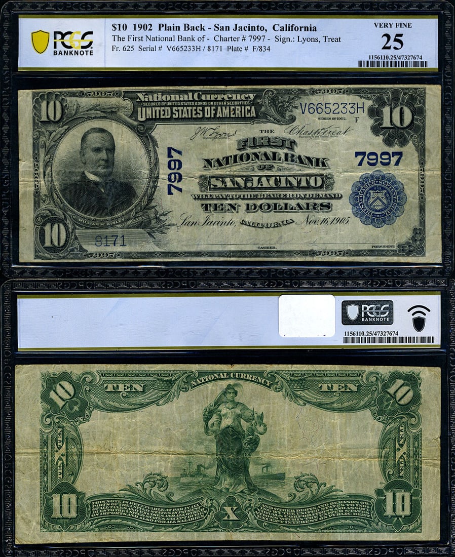PCGS VF25 San Jacinto California 1902 Plain Back $10 National Bank Note (1 of 3)