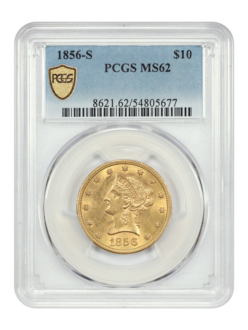 PCGS MS62 1856-S Liberty Head $10 Gold Coin: PCGS MS62 1856-S Liberty Head $10 Gold Coin 1856-S $10 Liberty Head $10 certified by PCGS as MS62. The coin is uncirculated and shows satiny smooth surfaces with just a few scuffs, an ideal sunny-gold