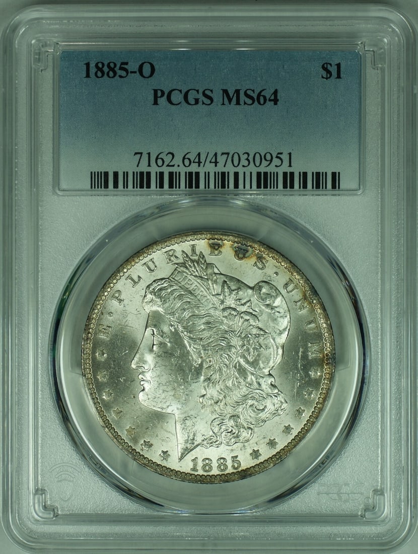 PCGS MS-64 Certified 1885-O Morgan Dollar Silver Coin New Orleans Mint: PCGS MS-64 Certified 1885-O Morgan Dollar Silver Coin New Orleans Mint This is an 1885-O Morgan Silver Dollar coin, certified by PCGS with a grade of MS-64. Minted in New Orleans, this uncirculated co