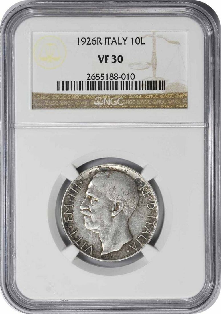 NGC Graded VF30 1926 Italy 10 Lira Coin: NGC Graded VF30 1926 Italy 10 Lira Coin This is a 1926 Italy 10 Lira coin that has been certified by NGC with a grade of VF30. The coin is circulated and originates from Italy, offering a collectible 