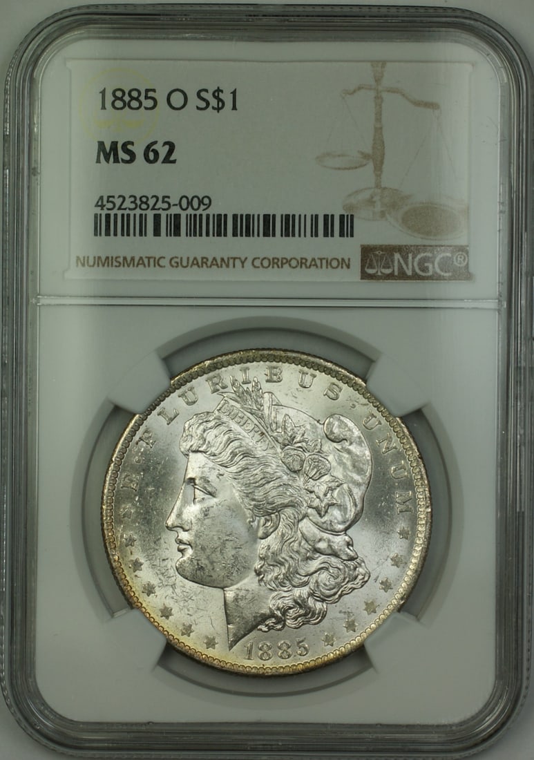 NGC MS62 1885-O Morgan Dollar Silver Coin Uncirculated New Orleans Mint: NGC MS62 1885-O Morgan Dollar Silver Coin Uncirculated New Orleans Mint This is an 1885-O Morgan Silver Dollar graded MS 62 by NGC. Minted in New Orleans, this uncirculated coin is composed of silver 