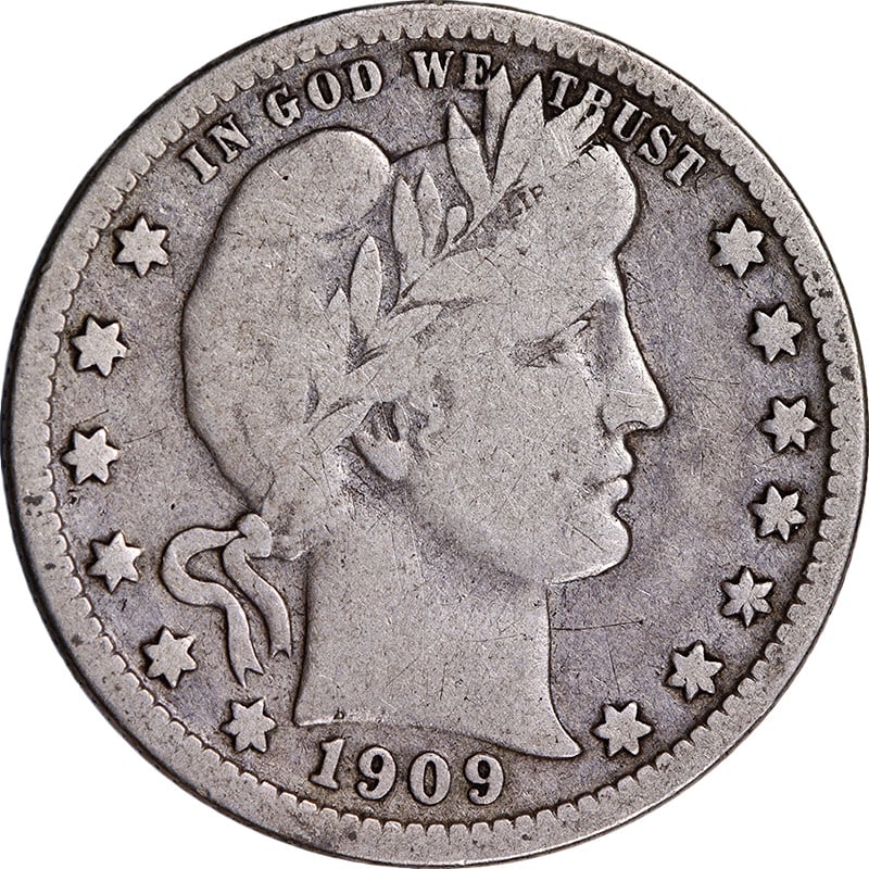 1909-O Barber Quarter Silver F- Eye Appeal Circulated: 1909-O Barber Quarter Silver F- Eye Appeal Circulated This 1909-O Barber Quarter exhibits a nice eye appeal and a strong strike, making it a compelling addition for collectors. The coin features great