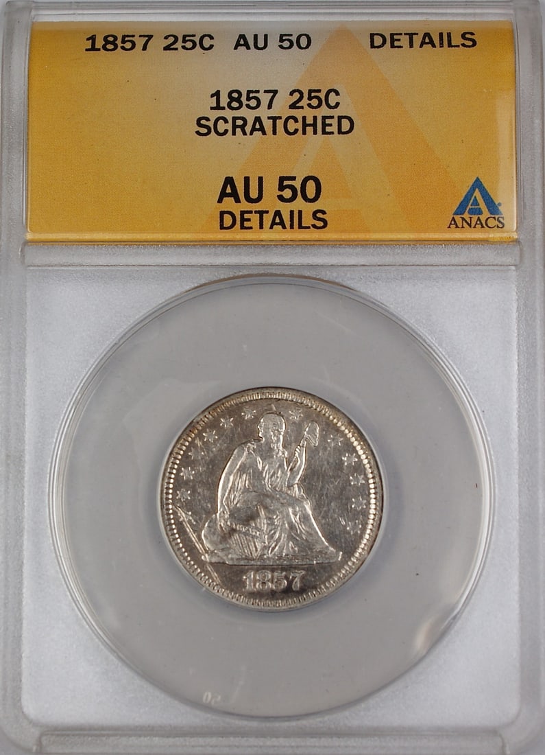 1857 Seated Liberty 25C Silver Coin ANACS AU-50 Details Scratched: 1857 Seated Liberty 25C Silver Coin ANACS AU-50 Details Scratched This 1857 Seated Liberty Quarter Dollar was minted in Philadelphia and is composed of 90% silver. Certified by ANACS with a grade of A