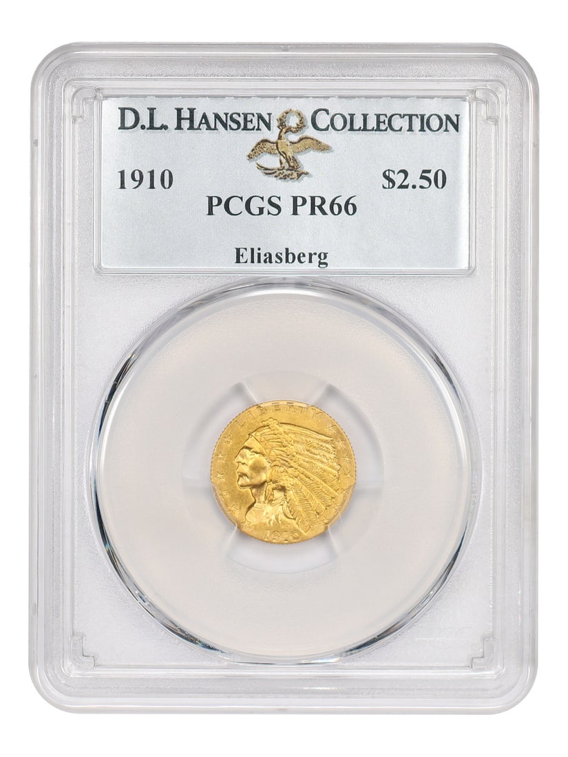 PCGS PR66 1910 Indian Quarter Eagle $2.50 ex Eliasberg D.L. Hansen: PCGS PR66 1910 Indian Quarter Eagle $2.50 ex Eliasberg D.L. Hansen 1910 $2.50 Indian Quarter Eagle proof coin certified PCGS PR66. Struck at the Philadelphia Mint, this piece is uncirculated and carri