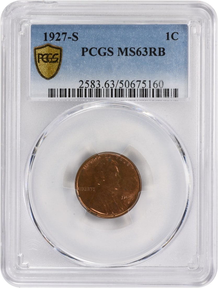 PCGS MS63RB 1927-S Lincoln Wheat Cent: PCGS MS63RB 1927-S Lincoln Wheat Cent This is a 1927-S Lincoln Wheat Cent graded MS63RB by PCGS. The coin is uncirculated and features a red-brown copper composition. It originates from the United Sta